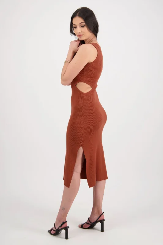 Soiree Terracotta Rib Knit Cut Out V Neck Tank Dress