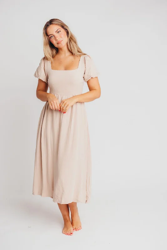 Ainsley Square Neck Midi Dress with Puffed Sleeves in Deep Taupe - Bump Friendly