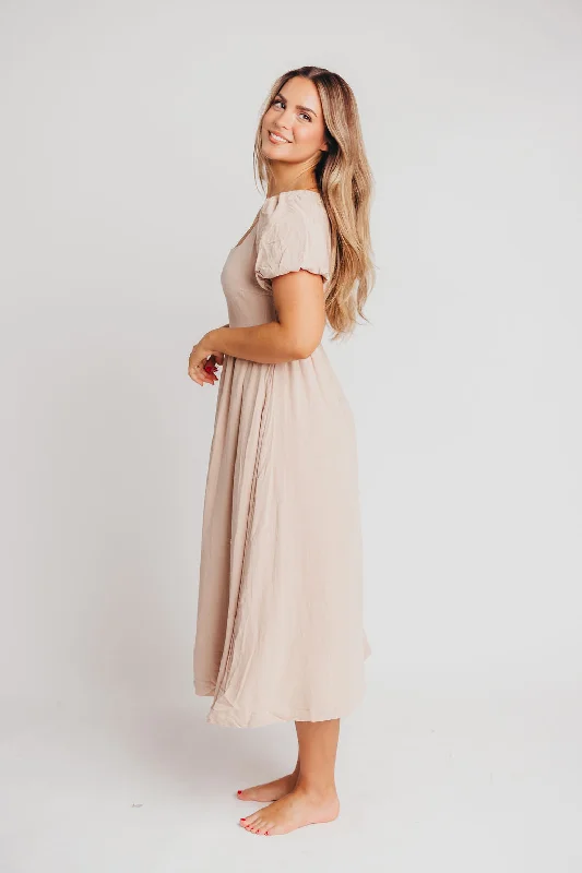 Ainsley Square Neck Midi Dress with Puffed Sleeves in Deep Taupe - Bump Friendly