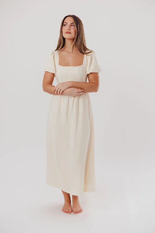 Ainsley Square Neck Midi Dress with Puffed Sleeves in Ivory- Bump Friendly & Inclusive Sizing (S-3XL)