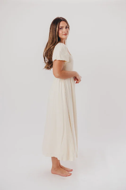 Ainsley Square Neck Midi Dress with Puffed Sleeves in Ivory- Bump Friendly & Inclusive Sizing (S-3XL)