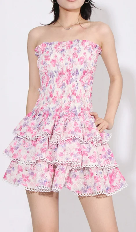 STRAPLESS FLORAL RUFFLE MINI DRESS IN PINK