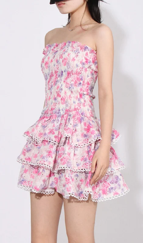 STRAPLESS FLORAL RUFFLE MINI DRESS IN PINK