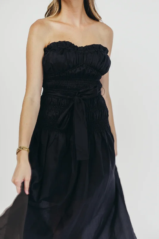 Devin Strapless Midi Dress with Sash in Black