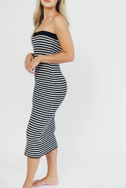 Krissa Strapless Knit Sweater Midi Dress in Black Stripe