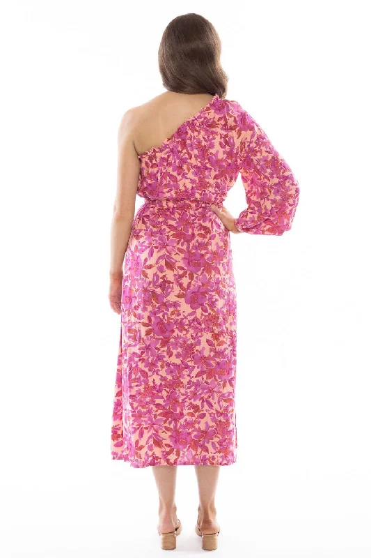 Streamlined Bold Fuchsia Floral One Sleeve Midi Dress