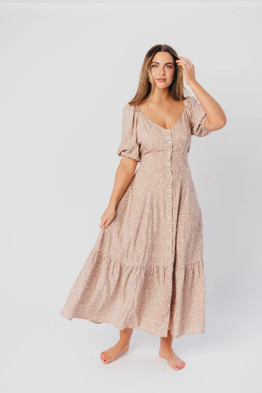 Ellington Button-Down Midi Dress with Sweetheart Neckline in Beige Floral - Nursing Friendly