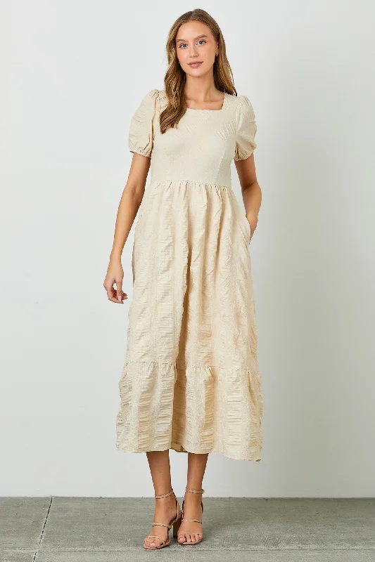 Baker Textured Woven Midi Dress with Square Neckline in Cream