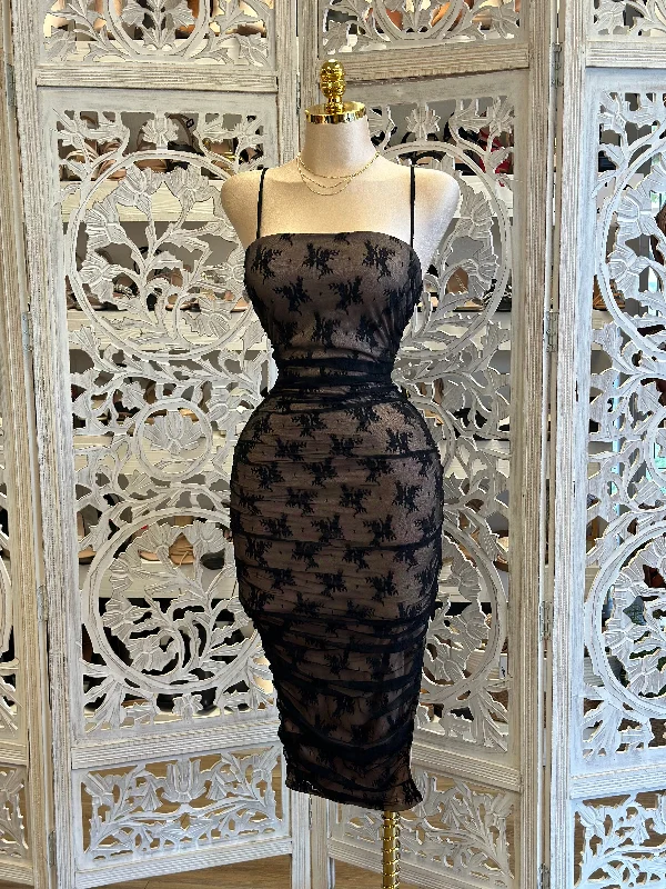 Thin Strap Black Lace Midi Dress- Stretchy,Estira