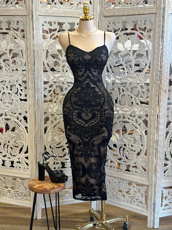 Thin Strap Lace Black Midi Dress- Stretchy,Estira