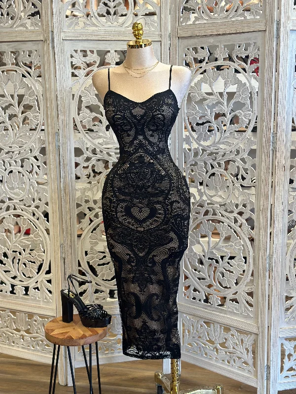 Thin Strap Lace Black Midi Dress- Stretchy,Estira