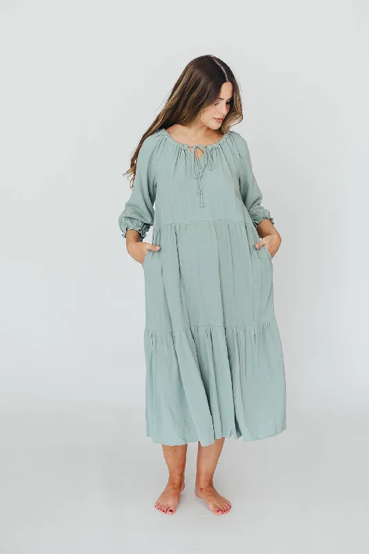 Avery Tiered Linen-Blend Midi Dress in Sage - Bump Friendly and Inclusive Sizing