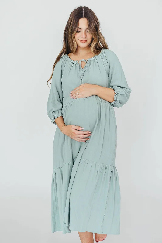 Avery Tiered Linen-Blend Midi Dress in Sage - Bump Friendly and Inclusive Sizing