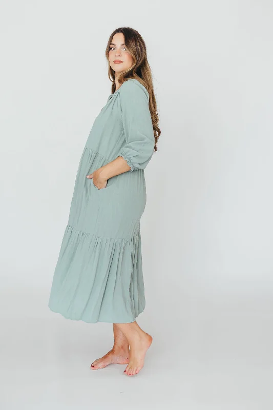 Avery Tiered Linen-Blend Midi Dress in Sage - Bump Friendly and Inclusive Sizing