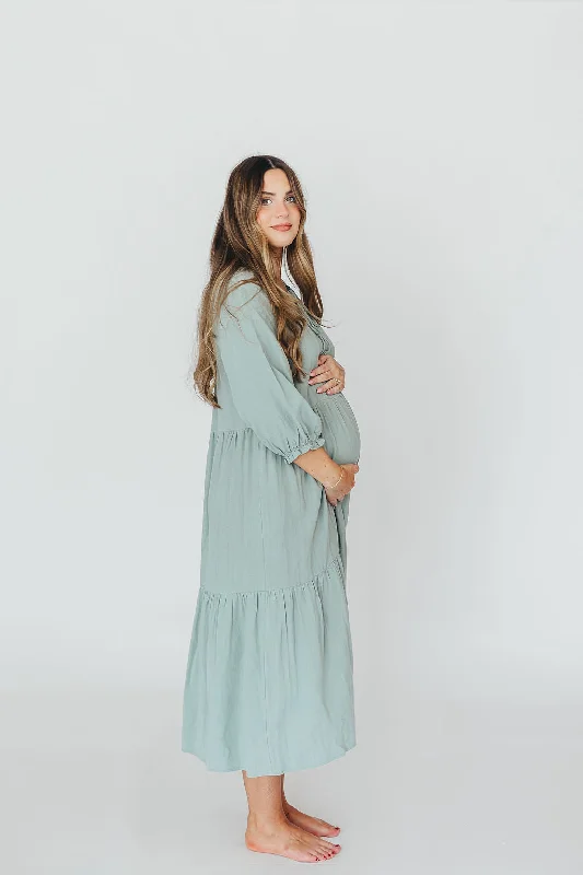 Avery Tiered Linen-Blend Midi Dress in Sage - Bump Friendly and Inclusive Sizing