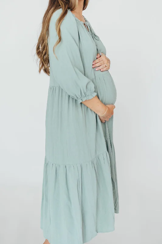 Avery Tiered Linen-Blend Midi Dress in Sage - Bump Friendly and Inclusive Sizing