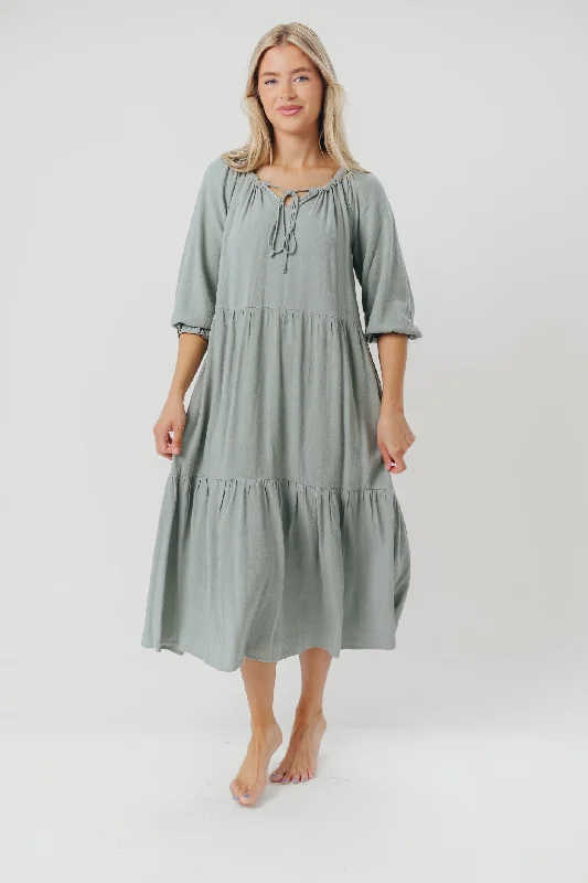 Avery Tiered Linen-Blend Midi Dress in Sage - Bump Friendly and Inclusive Sizing