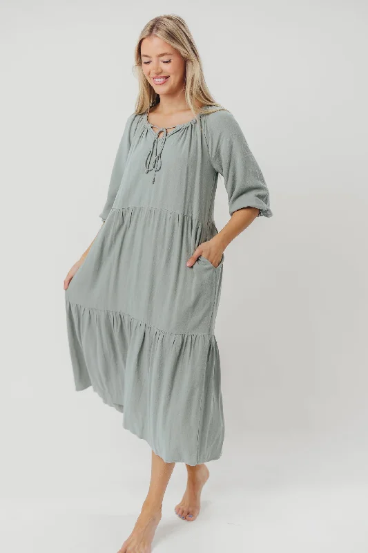 Avery Tiered Linen-Blend Midi Dress in Sage - Bump Friendly and Inclusive Sizing