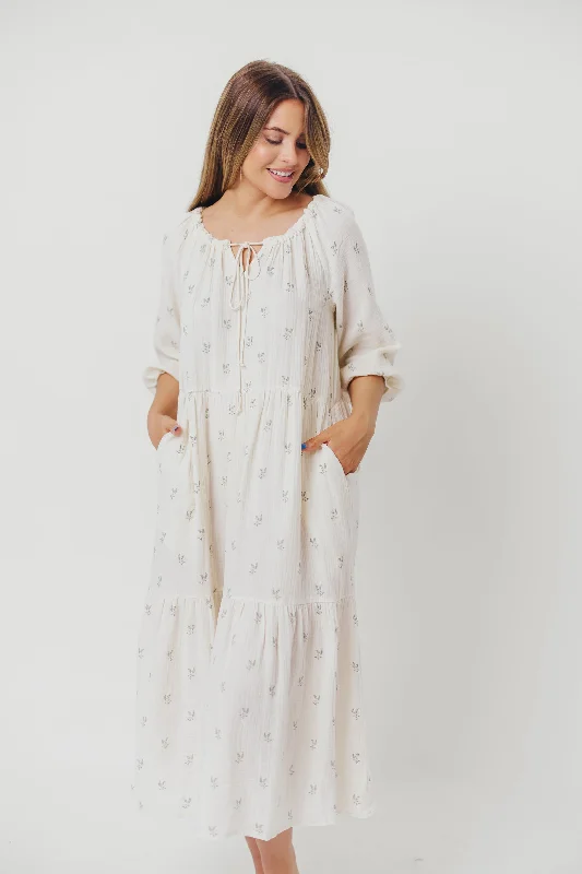 Avery Tiered Linen-Blend Midi Dress in Soy/Sage Foliage - Bump Friendly and Inclusive Sizing