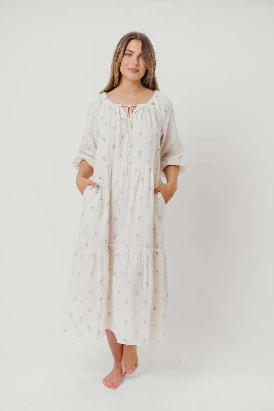 Avery Tiered Linen-Blend Midi Dress in Soy/Sage Foliage - Bump Friendly and Inclusive Sizing