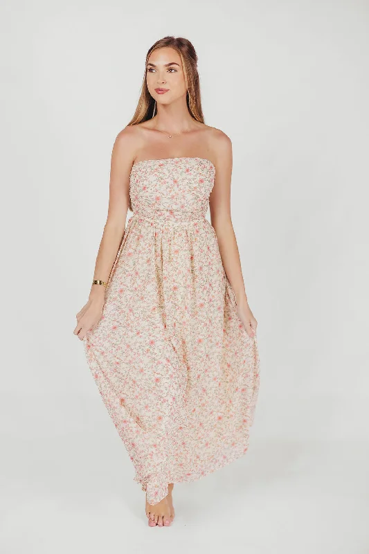 Brenna Strapless Maxi Dress with Ruching Detail Midi in Cream