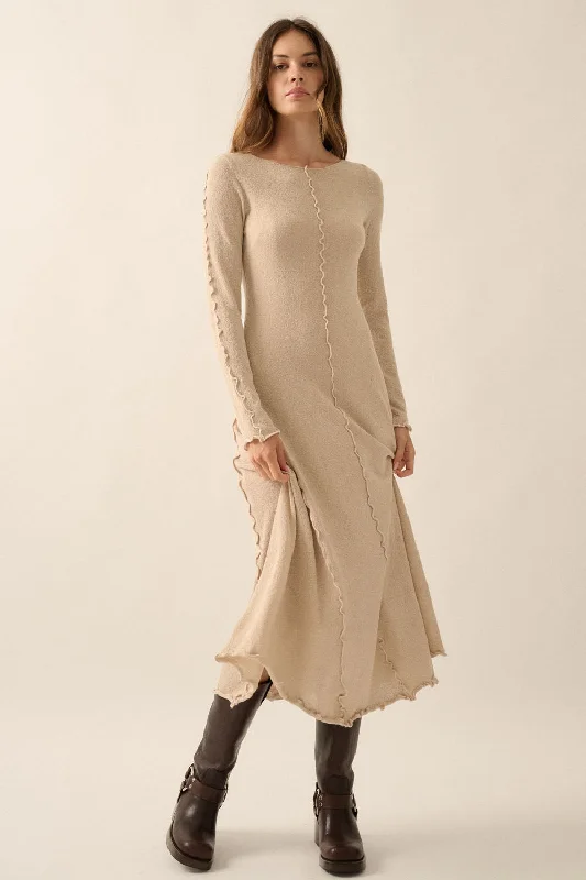 Selena Exposed Seam Long Sleeve Midi Dress in Oatmeal