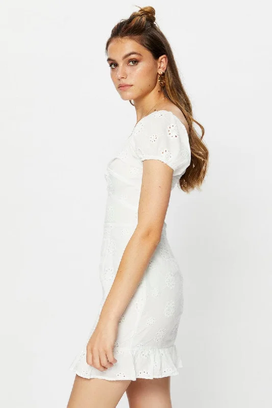 White Broderie Twist Front Frill Hem Mini Dress