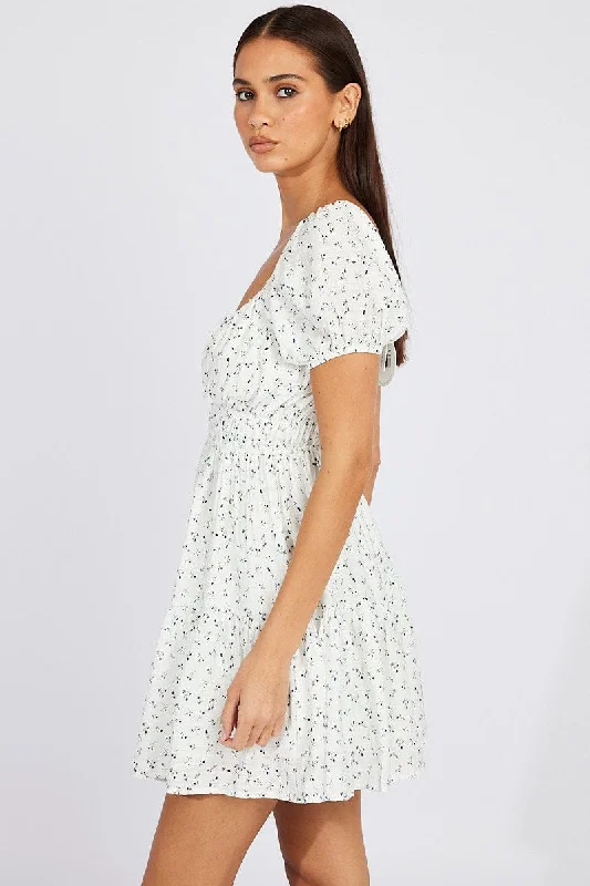 White Ditsy Fit And Flare Dress Puff Sleeve Mini