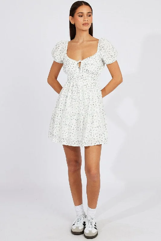 White Ditsy Fit And Flare Dress Puff Sleeve Mini