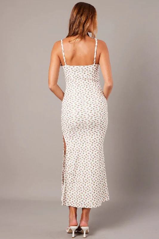 White Ditsy Maxi Dress Sweetheart Neck Bodycon Textured