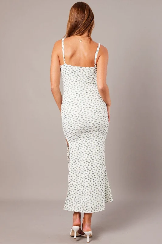 White Ditsy Maxi Dress Sweetheart Neck Bodycon Textured