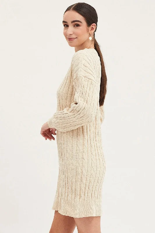 White Dress Long Sleeve Mini Knit