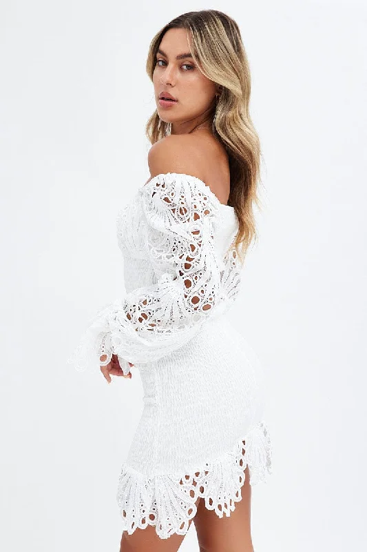 White Embroidered Sleeves Shirred Bodycon Dress