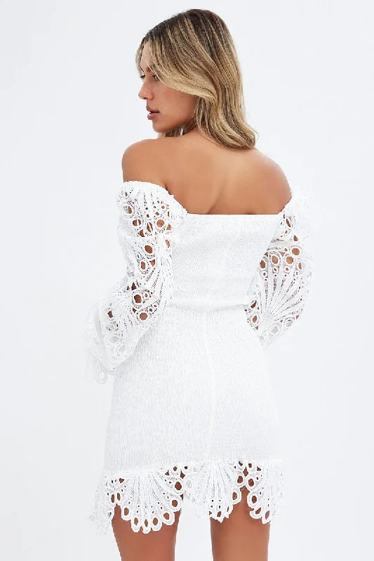 White Embroidered Sleeves Shirred Bodycon Dress