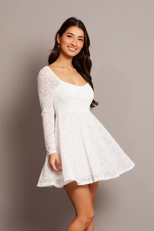 White Fit And Flare Dress Long Sleeve Lace