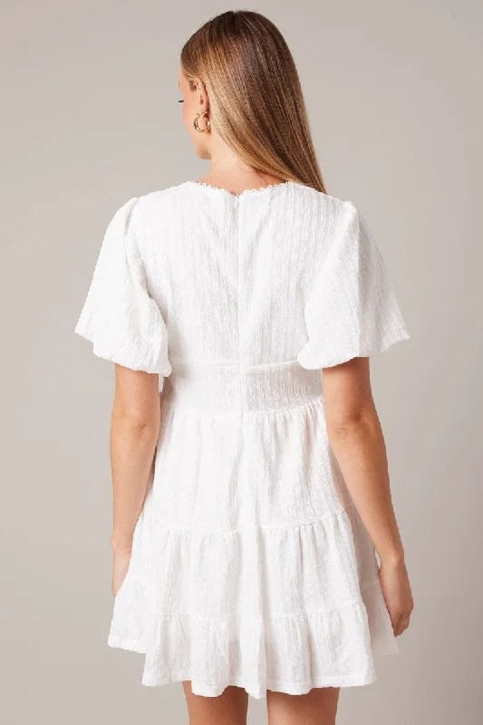 White Fit And Flare Dress Puff Sleeve