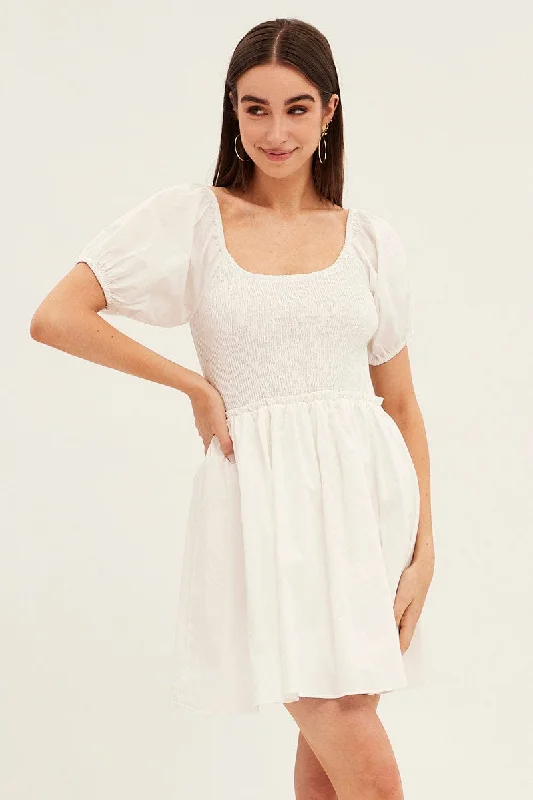 White Fit And Flare Dress Puff Sleeve Mini Poplin