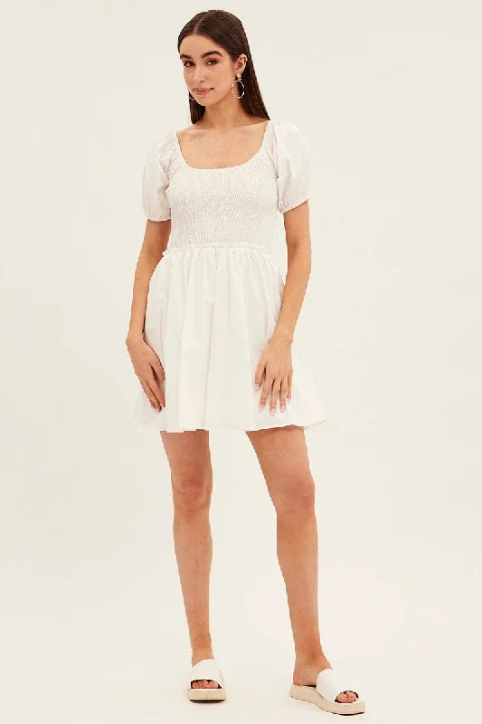 White Fit And Flare Dress Puff Sleeve Mini Poplin