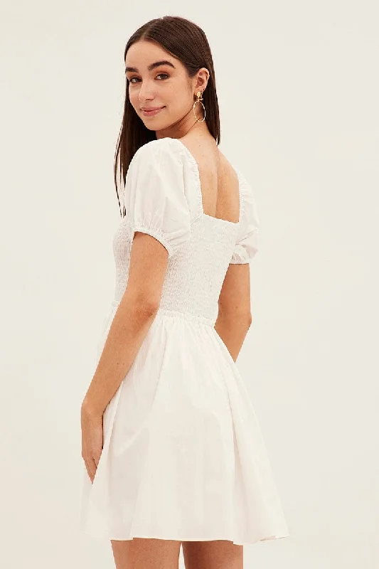 White Fit And Flare Dress Puff Sleeve Mini Poplin