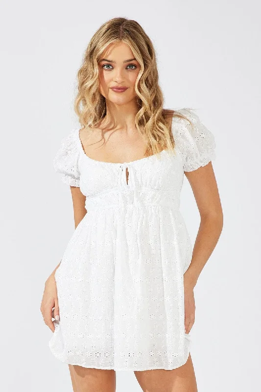 White Fit and Flare Dress Short Sleeve Broderie