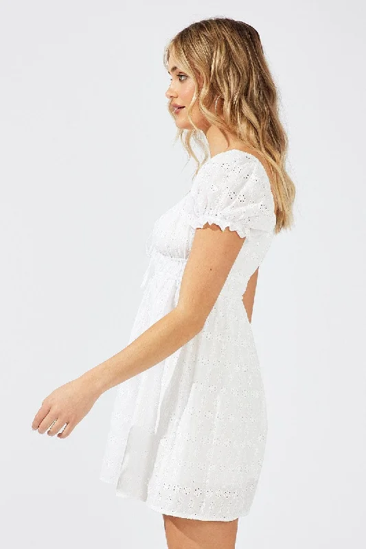 White Fit and Flare Dress Short Sleeve Broderie