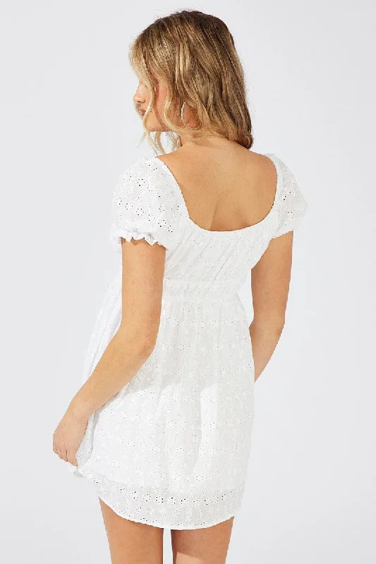 White Fit and Flare Dress Short Sleeve Broderie