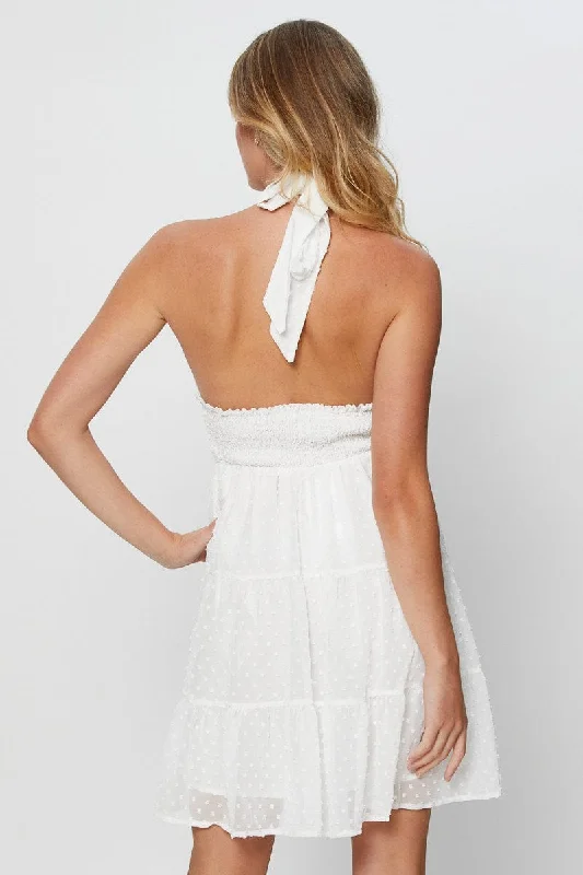 White Fit And Flare Dress Sleeveless Halter Neck