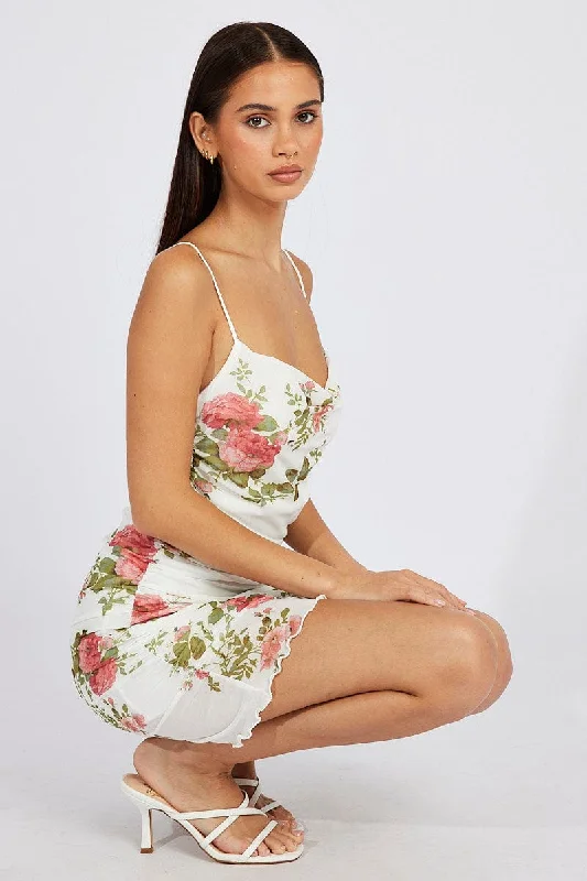 White Floral Bodycon Dress Ruffle Mesh