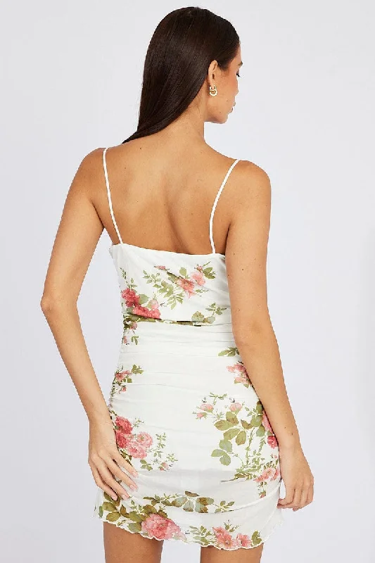 White Floral Bodycon Dress Ruffle Mesh