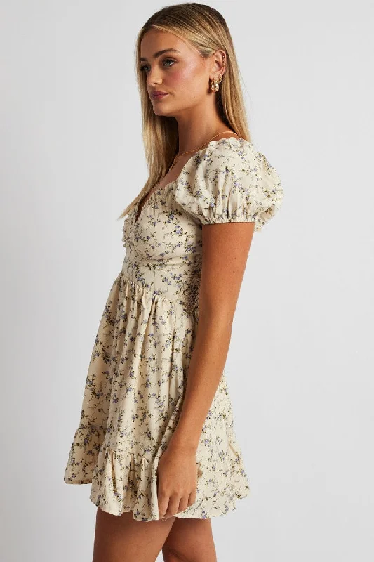 White Floral Fit And Flare Dress Puff Sleeve