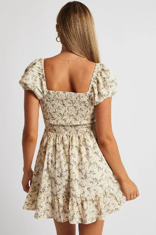 White Floral Fit And Flare Dress Puff Sleeve