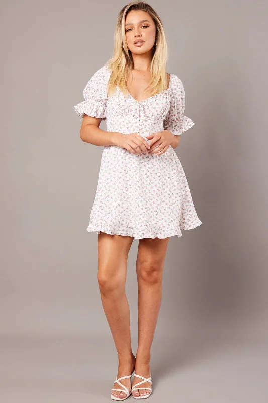 White Floral Fit And Flare Dress Puff Sleeve