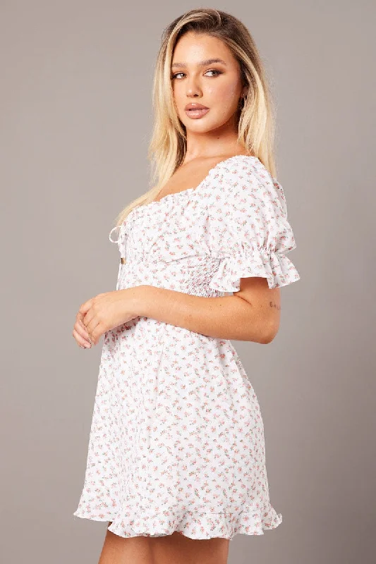 White Floral Fit And Flare Dress Puff Sleeve