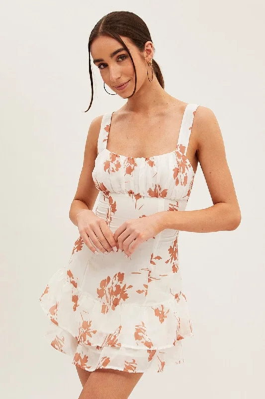 White Floral Fit And Flare Dress Sleeveless Square Neck